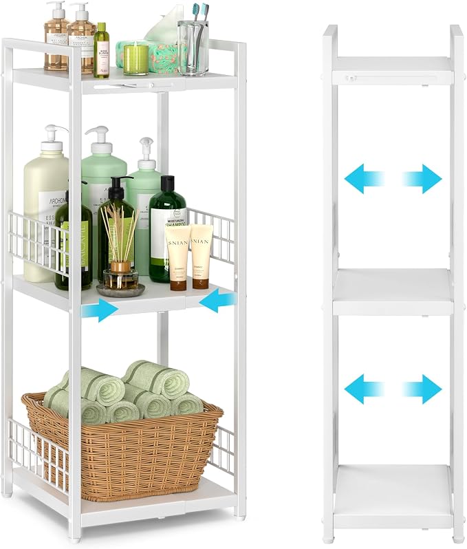 DAOUTIME Expandable Slim Storage Shelf, 3 Tier Metal Shelving Unit for Bathroom Storage Organizer, Free-Standing Narrow Shelf, Open Floor Shelves for Small Spaces,Laundry,Bathroom,Kitchen, White by DAOUTIME