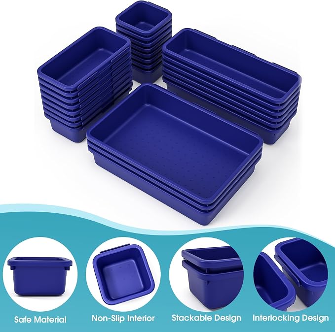 25 PCS Drawer Organizer Set, 4 Size Makeup Drawer Divider Organizer With Non-Slip Pads, Interlocking Plastic Storage Bins for Office,Jewelry Vanity,Gadgets, Bathroom,Kitchen, Navy - Image 3