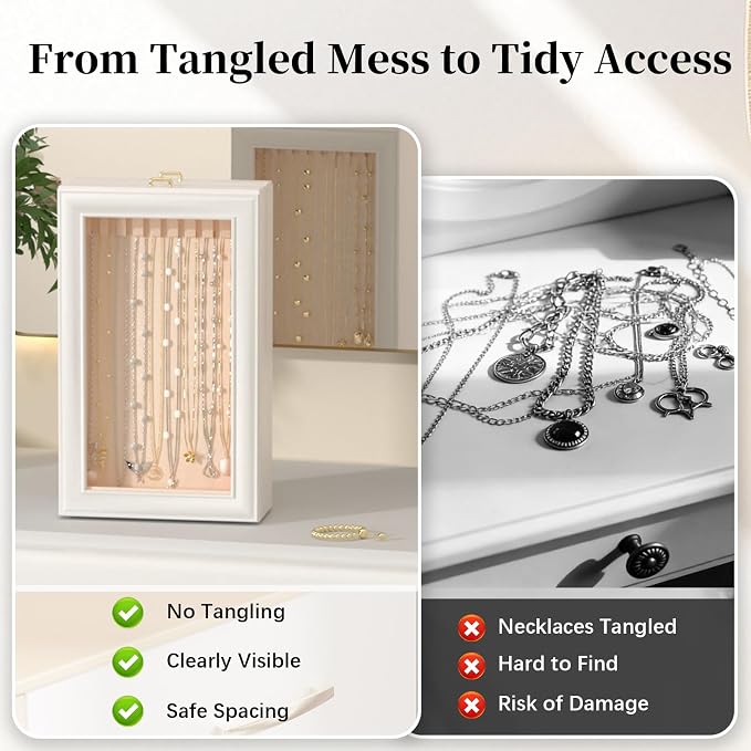 Necklace Organizer Box - 2-Layer Double-Sided Clear Lid Jewelry Storage Case, Anti-Tangle Necklaces Display Holder for Pendants Bracelets, Jewelry Organizer for Women Girls (White) - Image 7