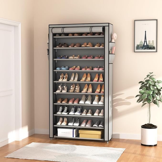 ROJASOP Shoe Rack with Covers, Stackable 10 Tier Tall Shoe Shelf Storage 50-55 Pairs Shoes and Boots Large Capacity Vertical Shoe Rack Organizer for Closet Entryway Garage Bedroom, Grey - Image 2