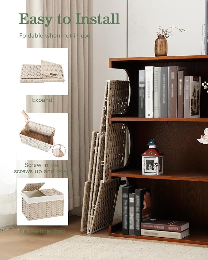 SETVSON Storage Basket with Lid Woven Wicker Baskets with 2 Separate Lid, 9.2 Gallon (35 L) Wicker Storage Bins with Handles, Foldable and 2 Removable Liner Bags for Bedroom, Laundry Room Light Khaki - Image 5