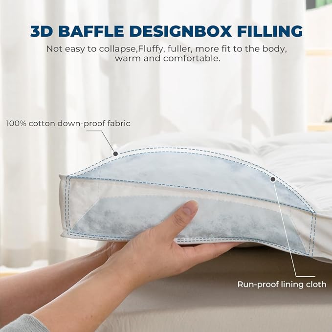 Goose Down Feather Mattress Topper, Full Down Mattress Protector Cover with Straps,Plush Soft Fluffy Baffled Pillowtop, Hypoallergenic Featherbed Cooling Pad All-Season Luxury(54X75 inch)