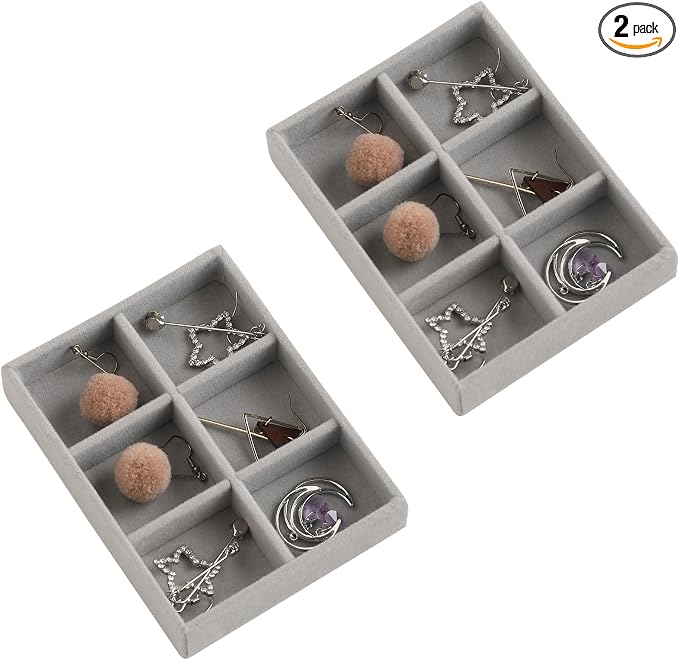 Frebeauty Small Jewelry Tray Set,Stackable Velvet Jewelry Organizer Tray,Mini Jewelry Drawer Organizer,Drawer Inserts,4.92 x 3.74 x 0.9 Inches,6 Grid Earring Organizer for Women(Set 2,Grey) by Frebeauty