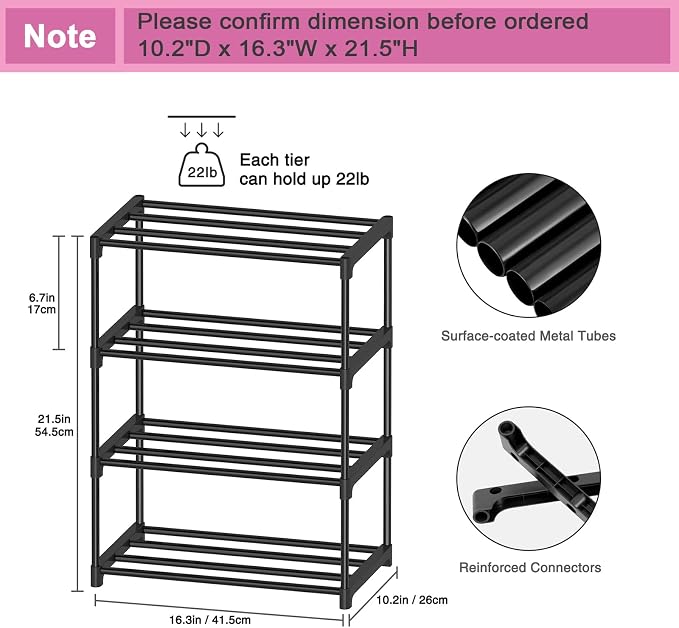 Autonomier 4 Tier Extra Small Shoe Rack (16.3" Wide), Narrow Stackable Shoe Shelf for Kids Toddler Adult, Lightweight Shoe Rack Stand for Closet Dorm Storage Organizer, Front Door Entrance, Entryway - Image 4