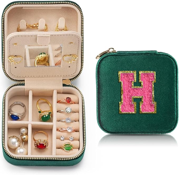 Personalized Green Velvet Travel Jewelries Case Jewelry Box for Women Girls, Ring Necklace Earring Jewelry Holder Organizer Box with Mirror, Birthday Gifts for Mom Letter H by HKDSGF