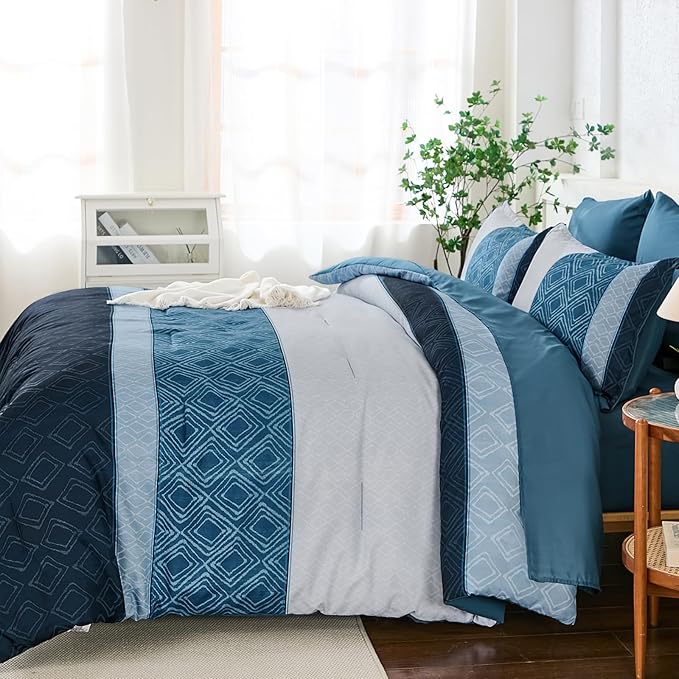 Dinjoy Queen Comforter Set Navy Blue, 7 Piece Boho Bed in a Bag Queen Size Striped Fall Bedding Sets Comforters with Plaid Bed Set with Sheets for Women Men