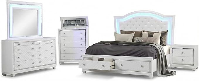 First of a Kind Shiney Contemporary 5 Piece King Bedroom Set High Gloss White Finish with Upholstered Headboard, Sleek Modern Bedroom Furniture Set for Coordinated Interiors