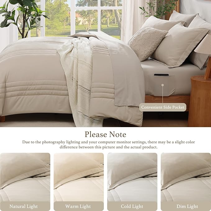 Monbix Super King Size Comforter Set - 7 Pieces Apricot Beige Bed in a Bag Super King Bedding Sets with Comforters, All Seasons Comforter Bed Set with Sheets,Pillowcases & Shams