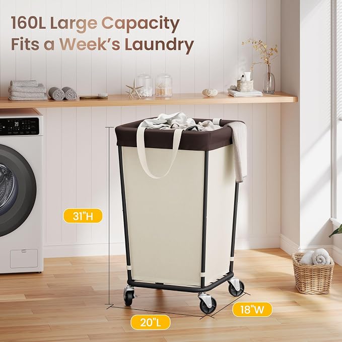 160L Laundry Basket with Wheels, 2-section Rolling Laundry Basket, Large Laundry Hamper with Wheels, Rolling Laundry Hamper Clothes Hamper for Home, Bathrooms and Dorm(Beige) - Image 3