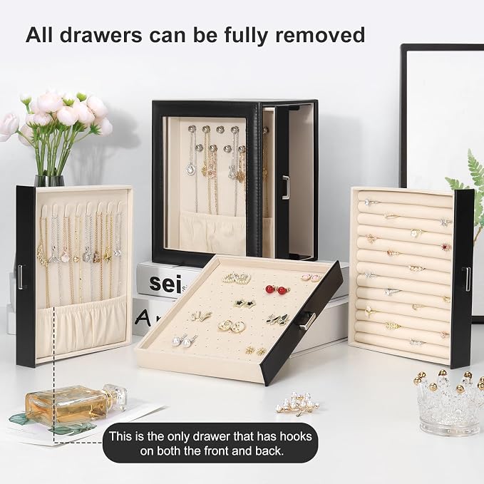 DesignSter Jewelry Box Organizer, Jewelry Box for Women, PU Jewelry Organizer Display Case with Side Drawers, Jewelry Storage for Earring Necklace Ring Bracelet Watch - Image 7