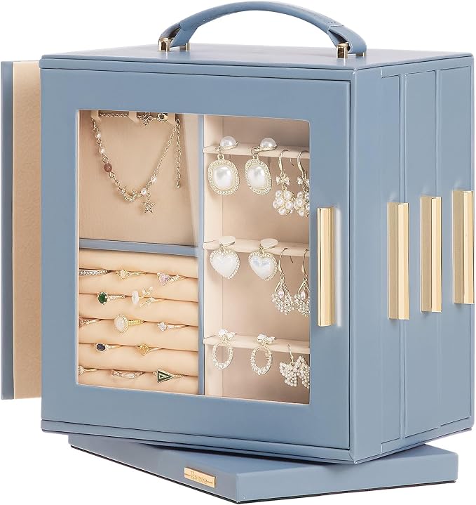 Homde Mothers Day Gifts Jewelry Box 360° Rotating, Necklace Earring Organizer with Transparent Window, Mirror, 7 Drawers, Large Ring Display Storage Case for Girls Women (Grey Blue) by Homde