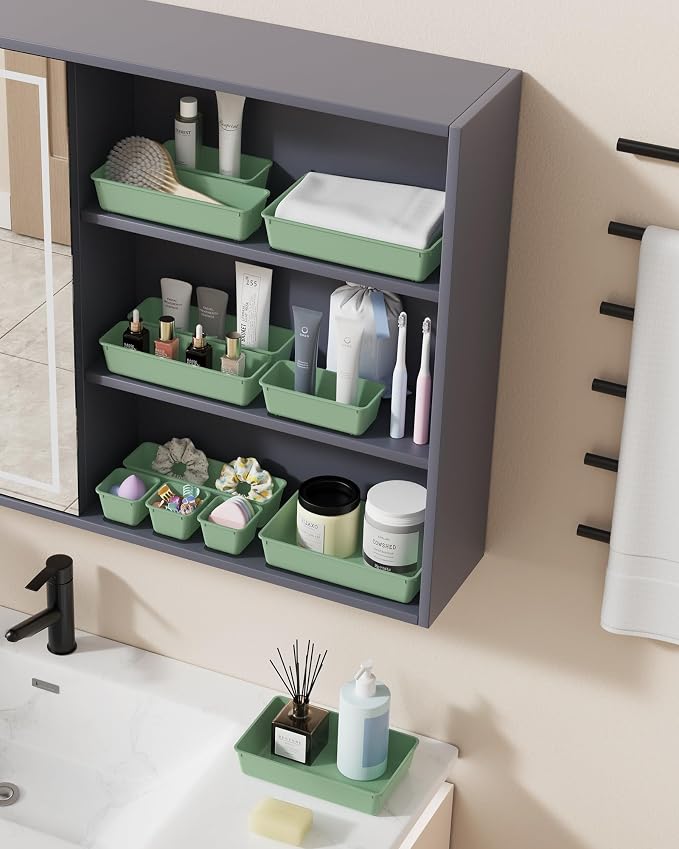 BiuLeon 25 PCS Plastic Drawer Organizers Set, 4-Sizes Vanity and Makeup Organizer, Desk and bathroom Drawer Organizer Trays, Organizers and Storage for Makeup, Jewelry, Gadgets, Utensils (Green) - Image 6