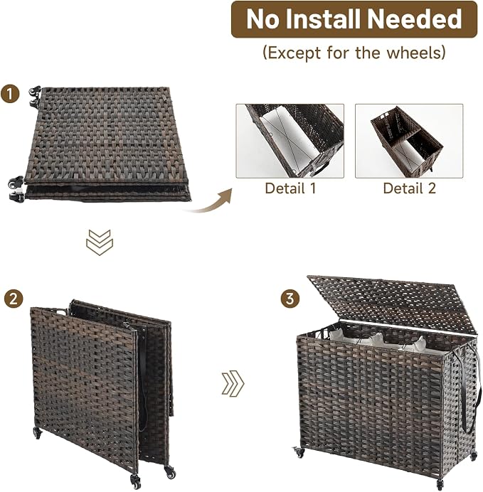 Laundry Hamper with Wheels, 52.8 Gallon(200L) Rolling Laundry Basket with Lid, 3-Section Rattan Clothes Hamper with 3 Removable Liner & 3 Mesh Bags, Laundry Sorter with Side Pocket, Brown - Image 7