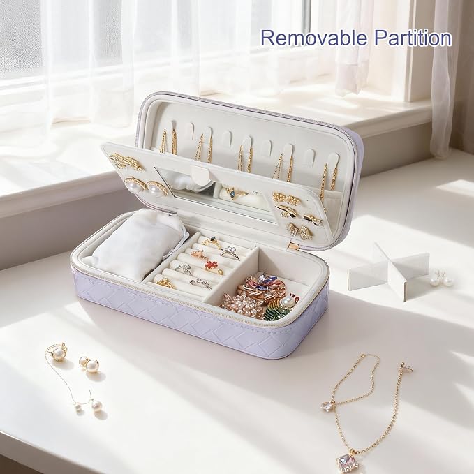 DesignSter Travel Jewelry Case, Woven Embossed PU Leather Jewelry Organizer with Mirror, Small Portable Jewelry Box for Women Rings Necklaces Bracelets Earrings - Image 6