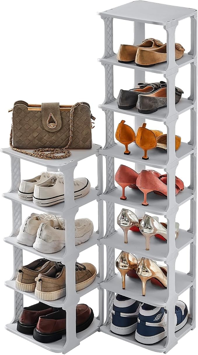 5 Tiers Shoe Rack Organizer for Closet Shoe Holder Storage Narrow Plastic Vertical, Free Standing Shoe Rack Shelf for Entryway Stackable Stability DIY, Grey by HHKHenHaoKan