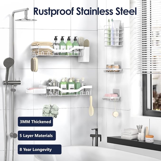 NESOMI Shower Caddy Adhesive Shower Organizer 7-Pack, Rustproof Stainless Steel Bathroom Shelves, Large Capacity No-Drill Rack Storage Accessories with Soap Dish Toothbrush Holder Hooks - Image 5