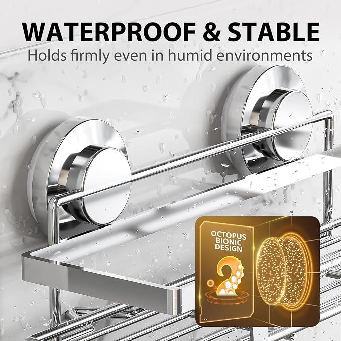 LEVERLOC Shower Caddy Suction Cup 2 Pack, Shower Shelf for Inside, Large Capacity Bathroom Organizers and Storage, Rustproof & Waterproof Metal Bath Basket, No-Drilling, Heavy Duty, Silver - Image 7