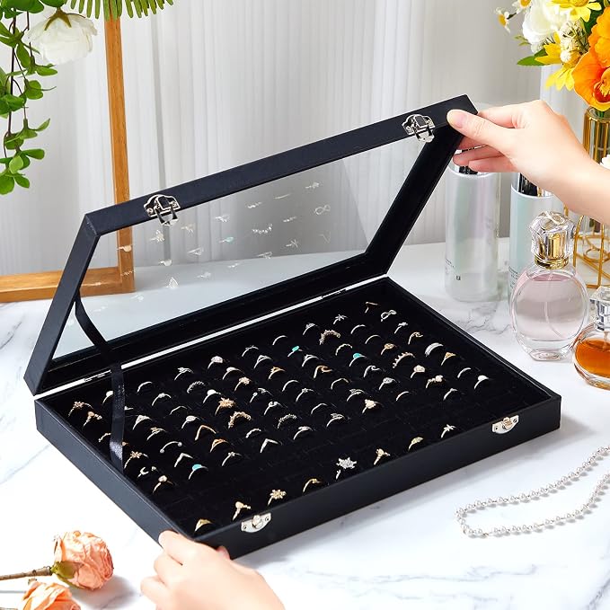Yinkin 2 Pcs 100 Slots Ring Organizer Box with Transparent Glass Lid Necklace Display Tray Ring Case Velvet Jewelry Holder(Ring) - Image 5