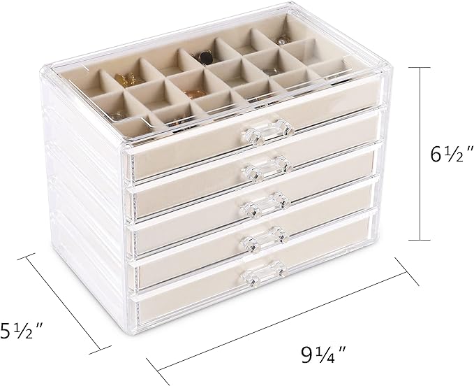 Frebeauty Acrylic Jewelry Organizer Earring Organizer Box with 5 Drawers Earring Holder Organizer with Velvet Trays Clear Jewelry Box for Women Earring Display for Rings Studs(Beige) - Image 2