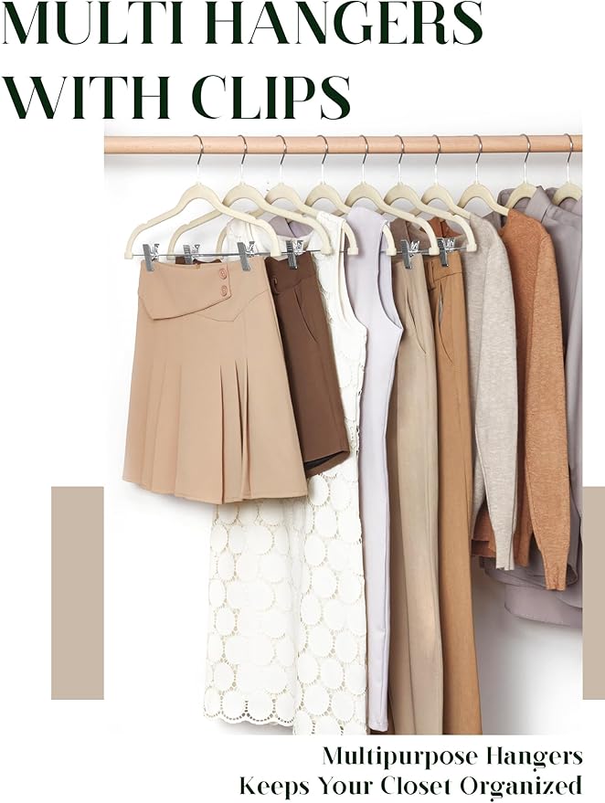 Cozymood Velvet Skirt Hangers 36 Packs Ultra Thin Hangers with Clips Non Slip Velvet Pant Hanger Space Saving Clothes Hanger with Clips for Pants, Skirts, Jeans, Shorts (Beige) - Image 2