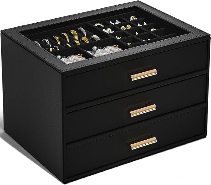 AKOZLIN Jewelry Box with Clear Lid Functional Leather Jewelry Storage Organizer Case 3 Drawers for Women Girls Necklace Ring Bracelet Earring by AKOZLIN
