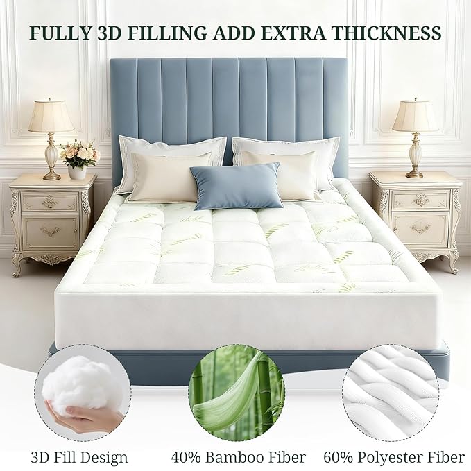 Mattress Topper King, Cooling Thick Breathable Viscose Made from Bamboo, Mattress Pad for Back Pain Relief, Bed Topper Mattress Cover with 8-16 Inch Deep Pocket