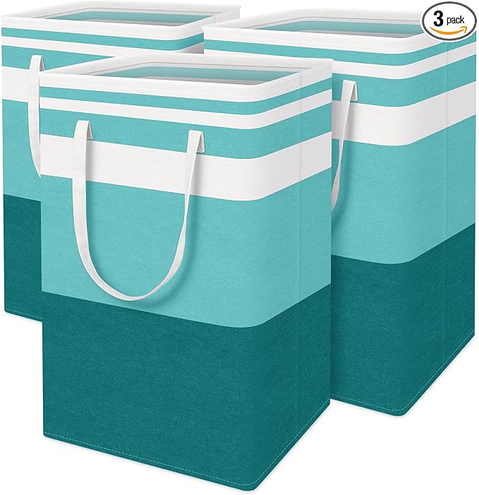 BlissTotes 3-Pack Laundry Basket, Freestanding＆Waterproof Laundry Hamper, Collapsible Tall Clothes Hamper with Easy Carry Handles for Clothes, Towels in the Family and Dorm,Gradient Green,75L by BlissTotes
