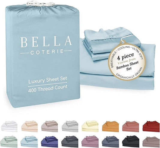 Bella Coterie Luxury Bamboo Viscose Queen Size Sheet Set | 100% Organically Grown | Ultra Soft | Cooling for Hot Sleepers | 18" Deep Pocket [Coastal Blue]