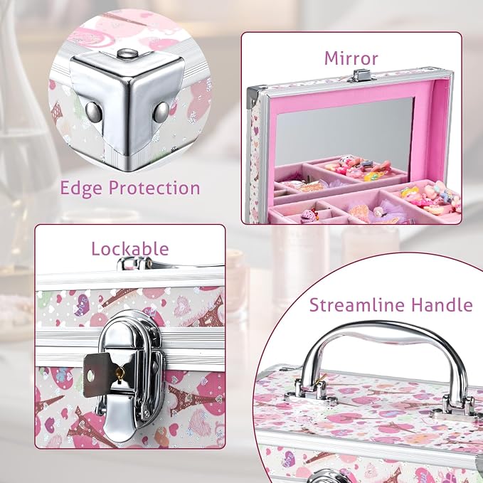 Hododou Girls Jewelry Box Organizer with Drawer & Mirror, Shiny Pink Style Lockable Storage Case for Kid or Little Girls Jewelry and Hair Accessories Pink Tower - Image 5