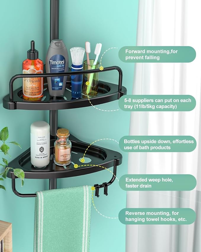 ADOVEL 4 Layer Corner Shower Caddy, Stainless Steel Constant Tension Pole Shower Organizer, Adjustable Corner Shower Shelf, Rustproof 3.3 to 9.8 ft - Image 4