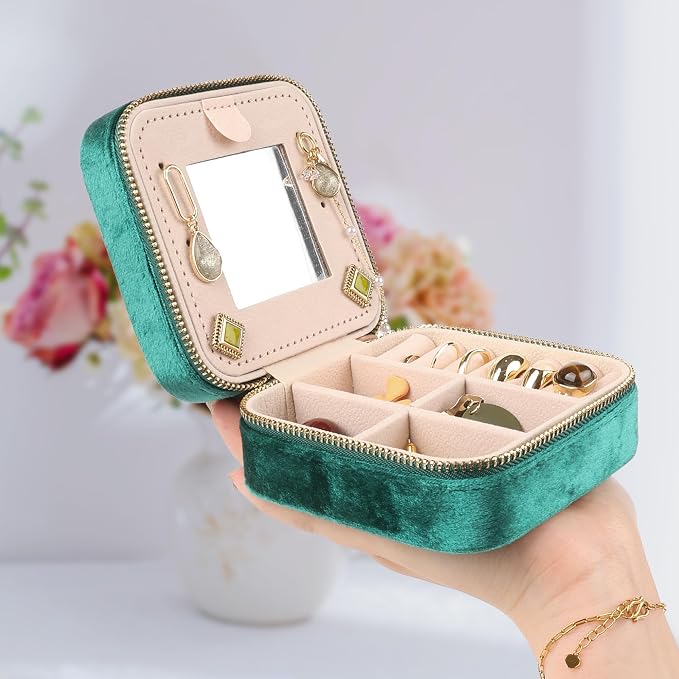 OceeK Plush Velvet Jewelry Box,Travel Jewelry Case and Organizer with Mirror,Jewelry Box for Women Girls,Green,1 Pack - Image 7