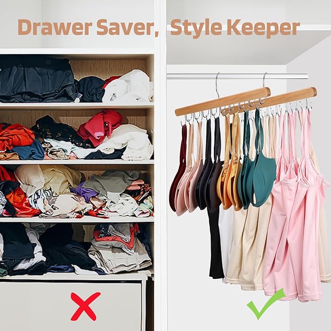 NECAMOCU 2 Pack Bra Hanger for Closet Organizer, Premium Wooden Tank Top Hangers with 36 Foldable Hooks, 360° Rotating Design, Space Saving Storage for Tank Tops, Bras, Scarves and More - Image 4