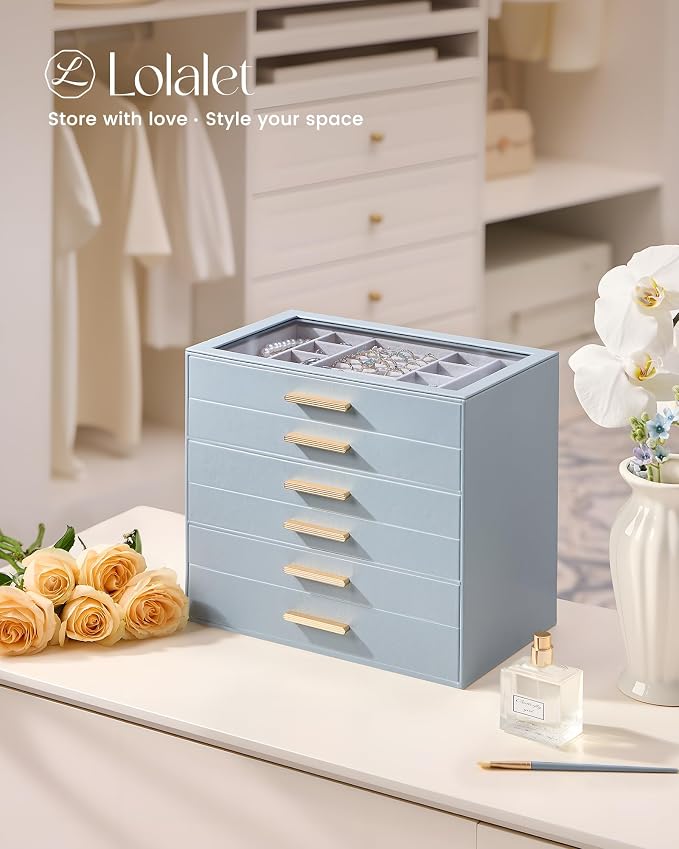 Lolalet Jewelry Box Organizer, 6-Layer Jewelry Organizers and Storage Case with Glass Lid, Ring Earring Bracelet Necklace Holder Organizer, Birthday Valentine Gifts for Women Girls -6Layer, HazeBlue - Image 6
