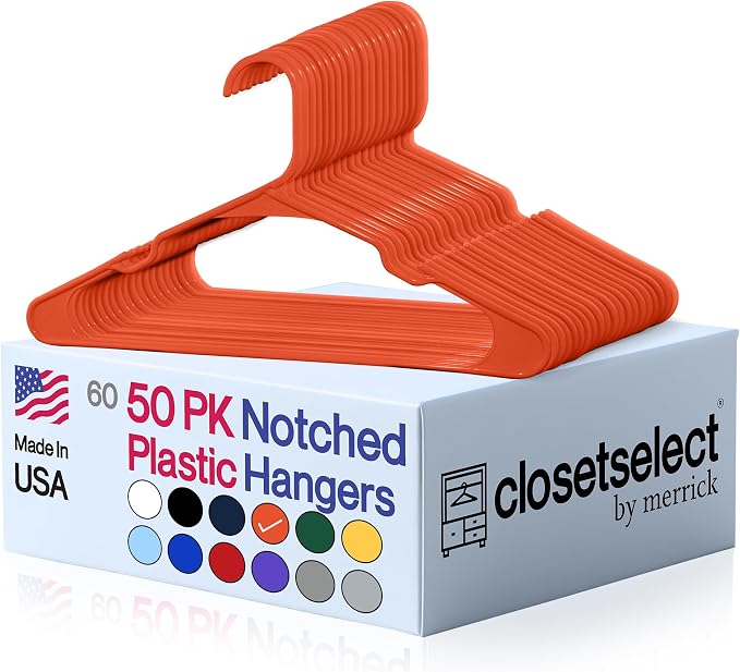 Closetselect Plastic Hangers 50 Pack - Space Saving Clothes Hangers, Made in USA, Durable & Strong Plastic Shirt & Coat Hanger with Notches & Shoulder Grooves, Non-Slip Hangers | Bright Orange by closetselect
