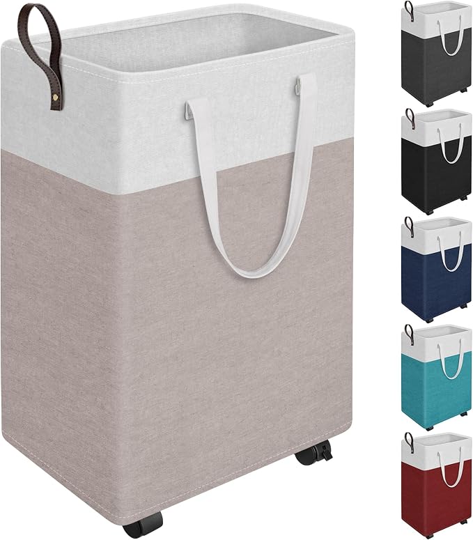 HomeHacks Laundry Basket with Wheels, Rolling Laundry Hamper, Collapsible & Waterproof Clothes Hamper, Narrow Corner Bins with Extended Handles for in the Family & Dorm 90L, Khaki by HomeHacks