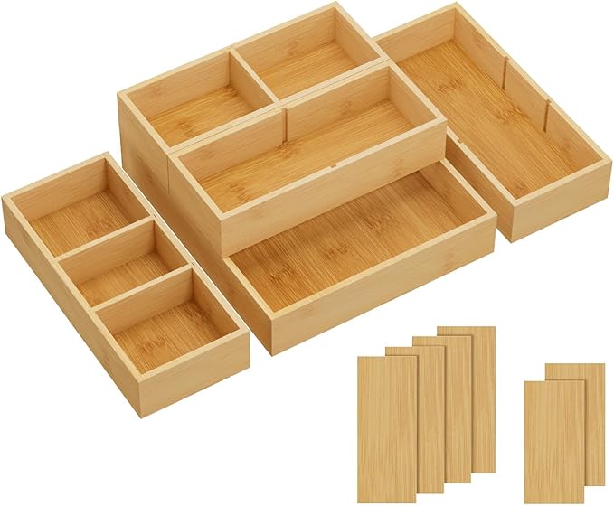 Lifewit Drawer Organizers 5 Pack(11 Grid) with 6 Inserts, Adjustable Bamboo Wooden Drawer Dividers, Stackable Storage Box for Utensils, Silverware, Makeup, Junk in Kitchen/Bathroom/Office/Vanity by Lifewit