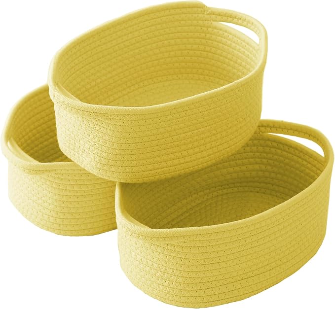 JMvicyroam Woven Basket,Small Rope Storage Bin with Handles & Ribbon Bag, Organizer for Shelves Closets,Gift Basket Empty for Birthday,Books,Dog Toys, Yellow/3 Pack by JMvicyroam