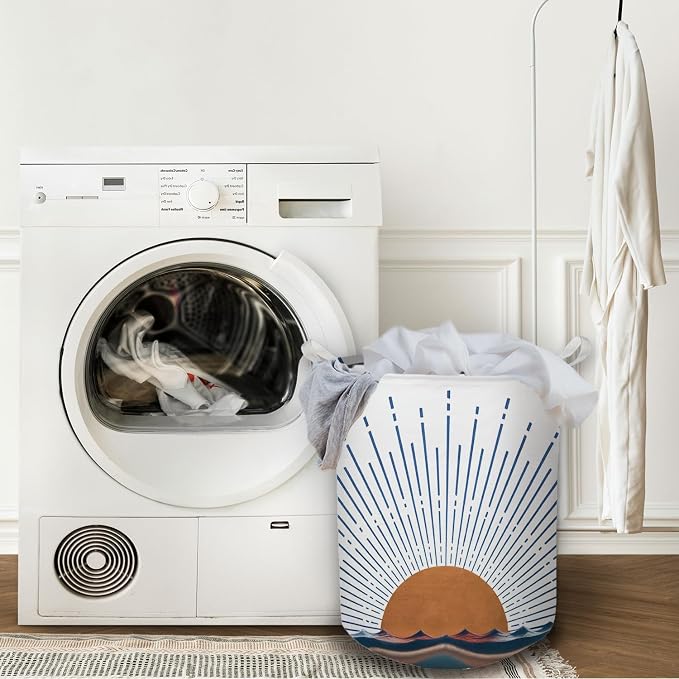 Boho Laundry Basket, Mid Century Modern Boho Terracotta Sun Sea Wave Waterproof Collapsible Laundry Hamper Dirty Clothes Storage Toy Bin Organizer for Bathroom Bedroom Nursery Girls Kids Room - Image 3