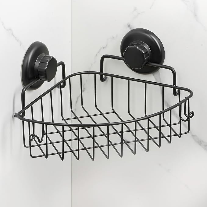 HASKO accessories Corner Shower Caddy with Suction Cup Shower Shelf with Hooks, Stainless Steel Bathroom Caddy, Wall Mounted Shower Basket for Bathroom, Adhesive 3M Stick Discs Included (Black) - Image 2