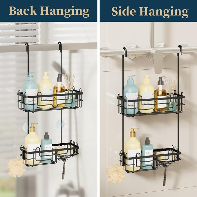 Consumest Over the Door Shower Caddy - 2-Tier Hanging Shower Organizer with Soap Holder, Rustproof Bathroom Storage and Organizer Rack for Shampoo, Towels, and Toiletries, Black - Image 3