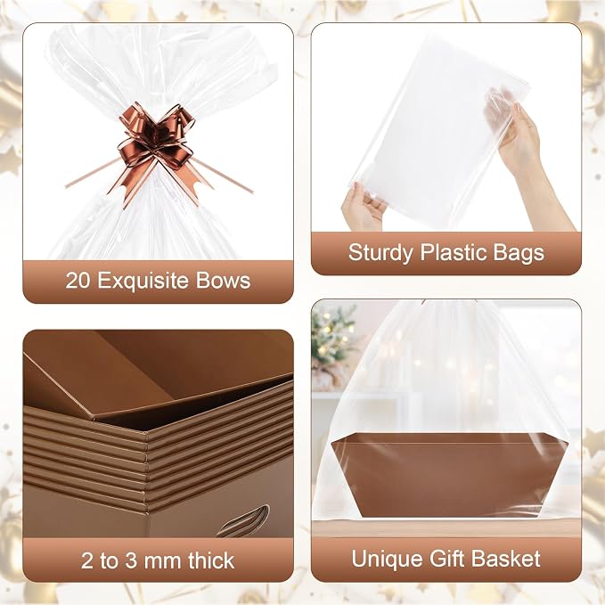 AFOROEOA 20PACK Baskets for Gifts Empty, 12x10x4” Thick Brown Gift Basket with Handles, 20 Bows & 20 Bags - Empty Gift Baskets for Christmas, Thanksgiving, Wedding, Birthday Party, Wrapping Gifts - Image 7