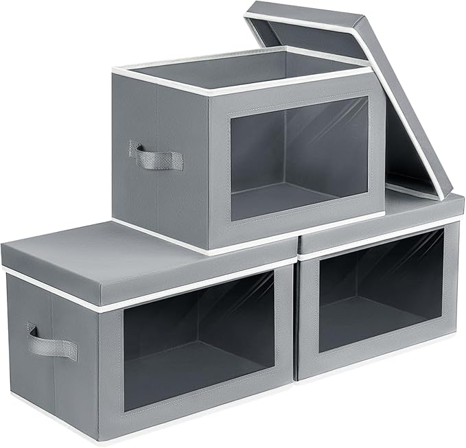 Homsorout Decorative Bins with Lids - Stackable Cube Bins for Closet, 3 Pack Clear Windows Fabric Organizer Bins, Home Organizers and Storage for Clothes, CD, Towels, Grey by Homsorout
