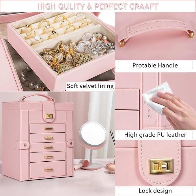 AKOZLIN Large Jewelry Box Organizer Functional with Big Mirror, Leather Jewelry Storage Case for Women Girls Ring Necklace Earring Bracelet Holder Organizer - Image 3