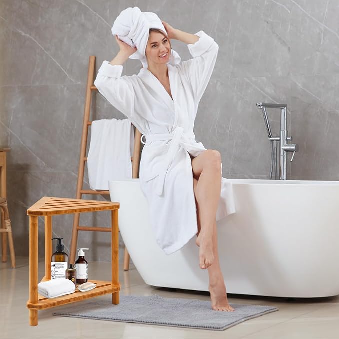 Bamboo Corner Shower Stool,2-Tier Waterproof Shower Stool for Inside Shower Shaving Leg,Small Spaces,Shower Foot Rest with Storage Shelf,Shower Bench,Bath Seat,Corner Nightstand gift for women mom - Image 2