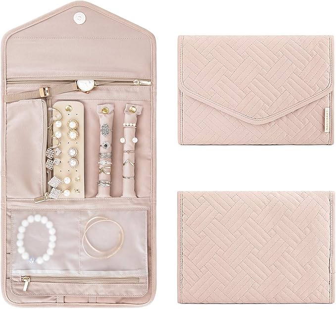 BAGSMART Travel Jewelry Organizer Roll Foldable Jewelry Case for Journey-Rings, Necklaces, Bracelets, Earrings, Soft Pink by BAGSMART