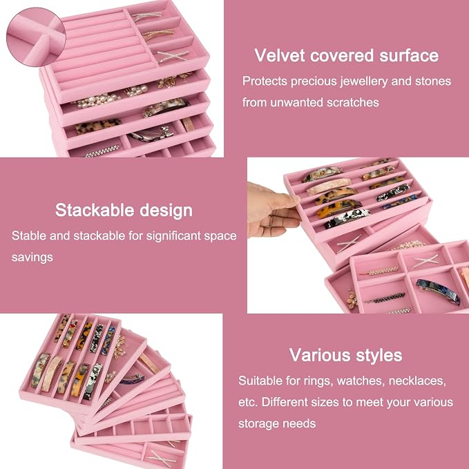 12Pcs Velvet Stackable Jewelry Trays, Jewelry Drawer Organizer, Large Removable Display Jewelry Tray, Necklace Bracelet Storage Box for Earring, Ring, Brooch, Watch (Pink) - Image 3