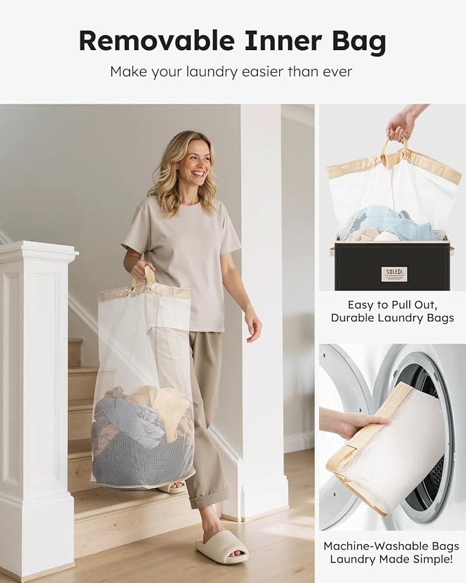 SOLEDI Laundry Hamper with Lid 100L Large & Tall Collapsible Laundry Basket, Clothes Hamper with Bag Removable Easy to Carry, Dirty Hampers for Bedroom, Bathroom, Dorm, College, Pitch Black - Image 4