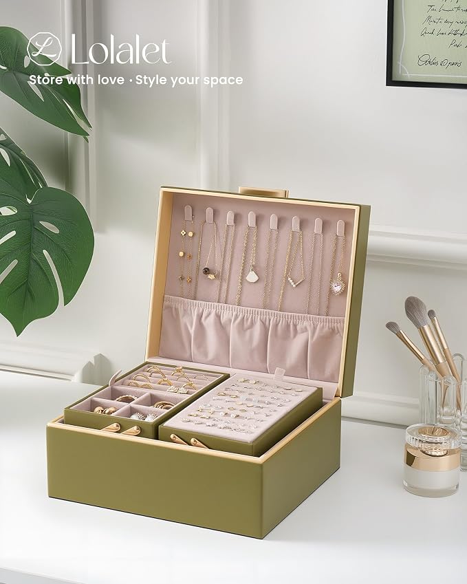 Lolalet Jewelry Box Organizer for Women Girls, 2 Layer Jewelry Organizers and Storage for Necklace Earrings Rings Bracelets, Large Jewellery Holder Case Birthday Mothers Day Gifts -Olive Green - Image 7