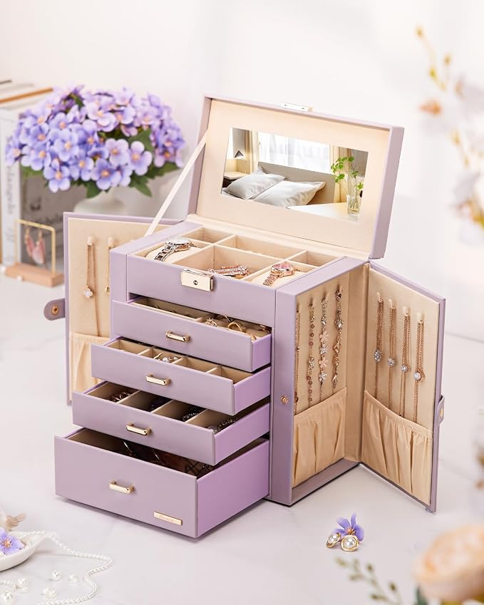 Homde Synthetic Leather Huge Jewelry Box Mirrored Watch Organizer Necklace Ring Earring Storage Lockable Gift Case (Grey Purple + Gold) - Image 8