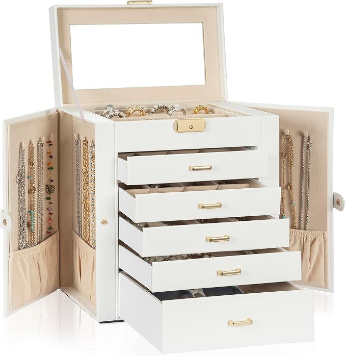 AKOZLIN Large 6-Tier Jewelry Box Lockable Leather Jewelry Storage Case with 5 Drawers for Women Girls Ring Necklace Earring Bracelet Holder Organizer with Mirror - Image 8